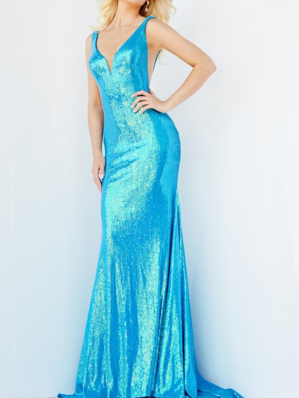 Sz 2 Jovani 09113 Turquoise AB Sequin Plunge Stretch Mermaid Gown Illusion Panel